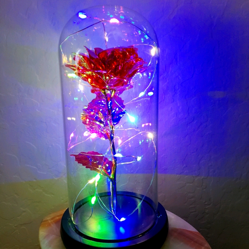 Red galaxy rose led gold plated glass dome